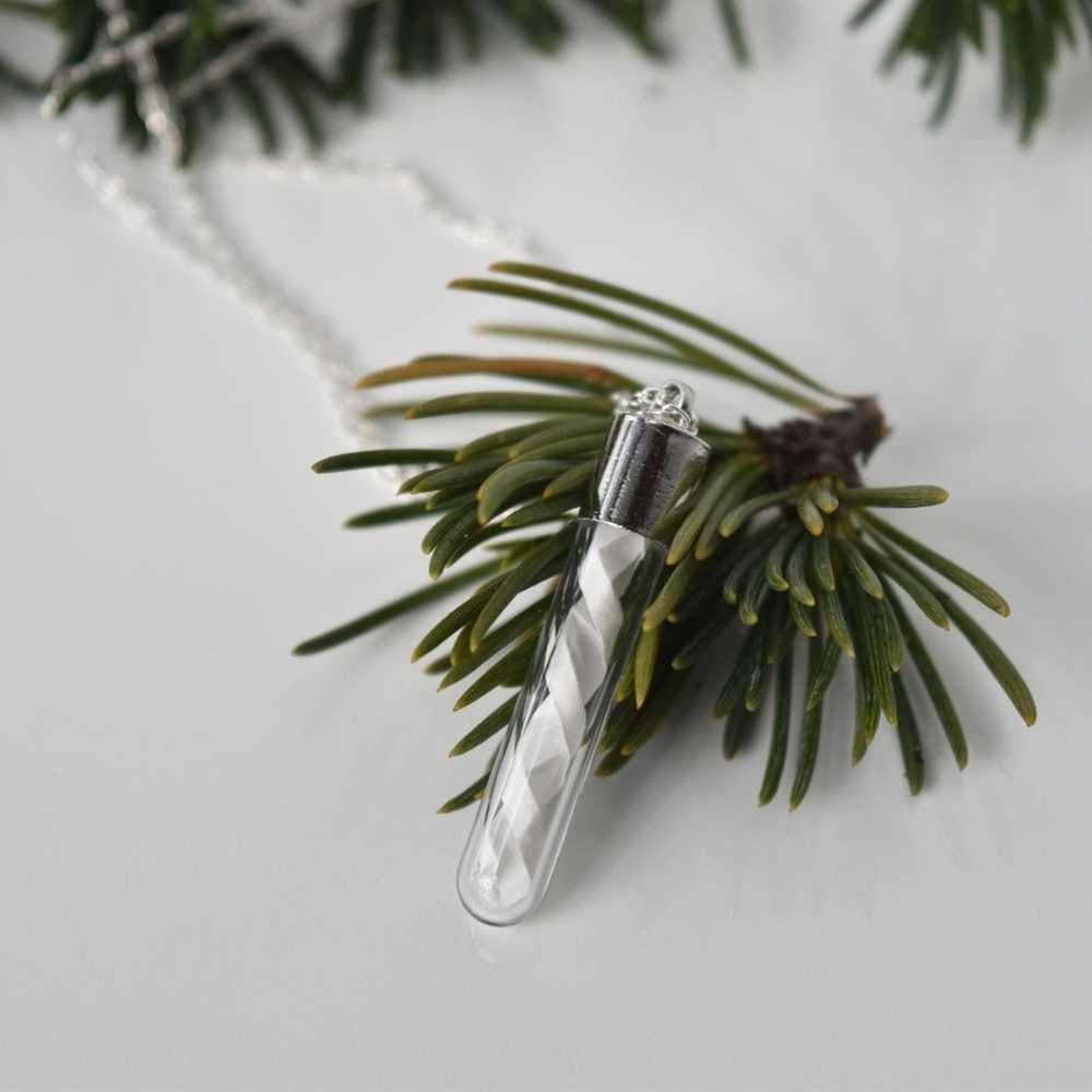 White handmade DNA origami necklace in a glass tube bottle, silver Necklace 18in